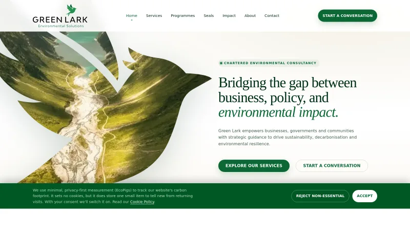 Green Lark Environmental Solutions website built by OYNK — homepage with a hand-illustrated lark, PT Serif typography, and the chartered environmental consultancy branding