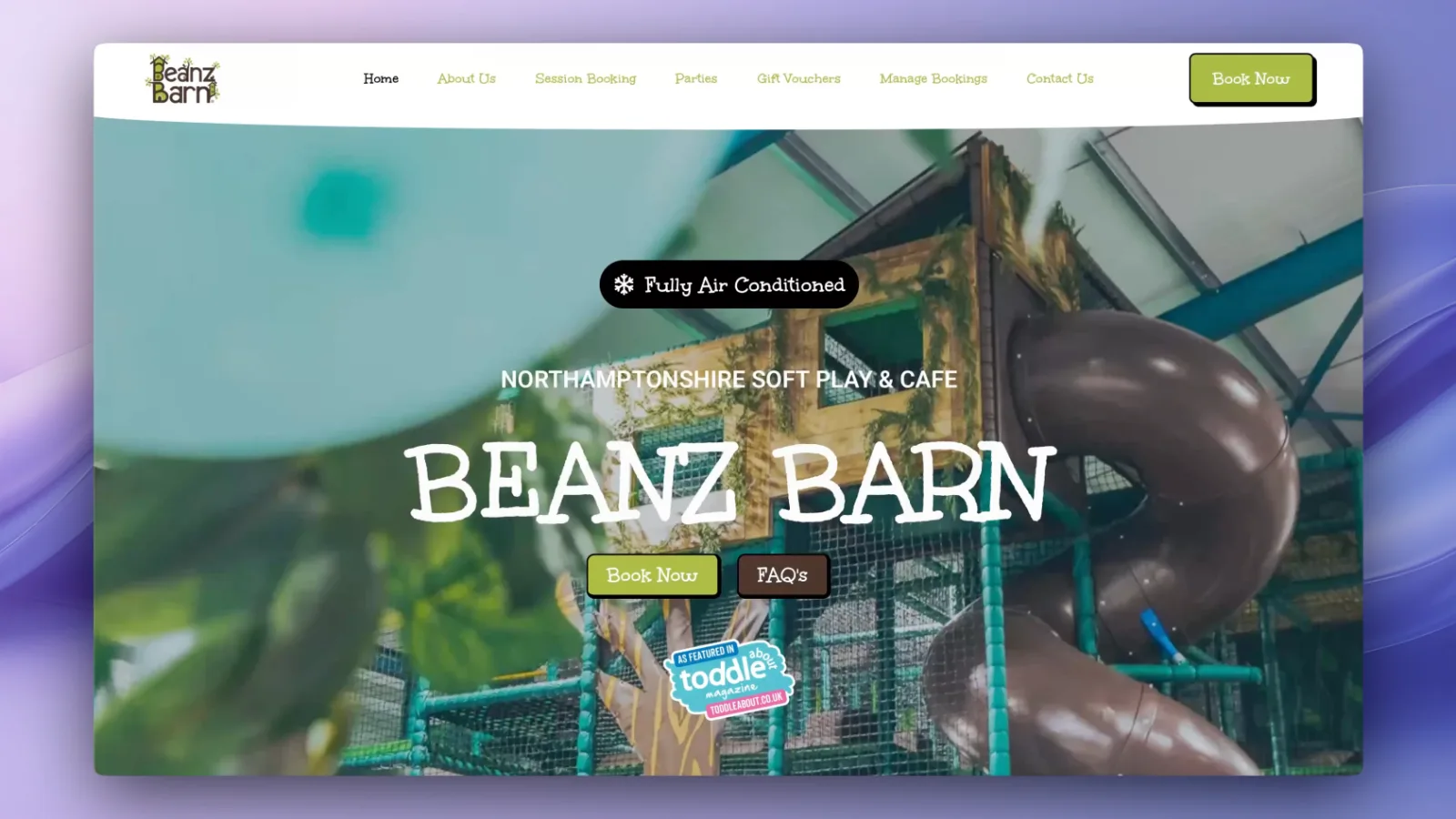 The Beanz Barn website, showing the soft play frame behind the centre's name and a Book Now button.