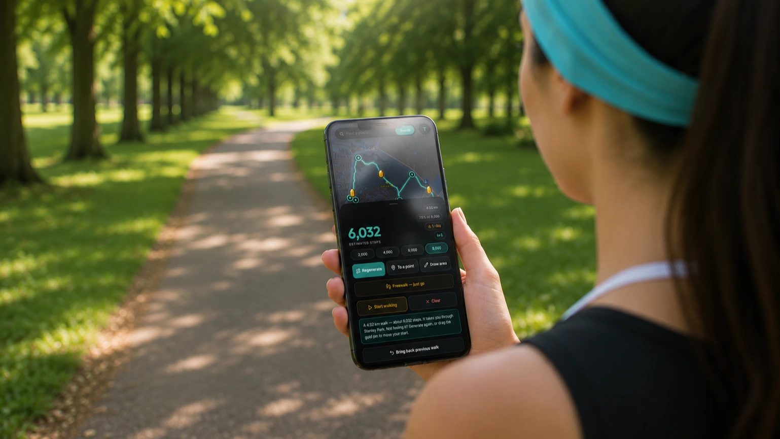 Someone walking a tree-lined park path, holding a phone showing their FitWalk route and 6,032 steps.