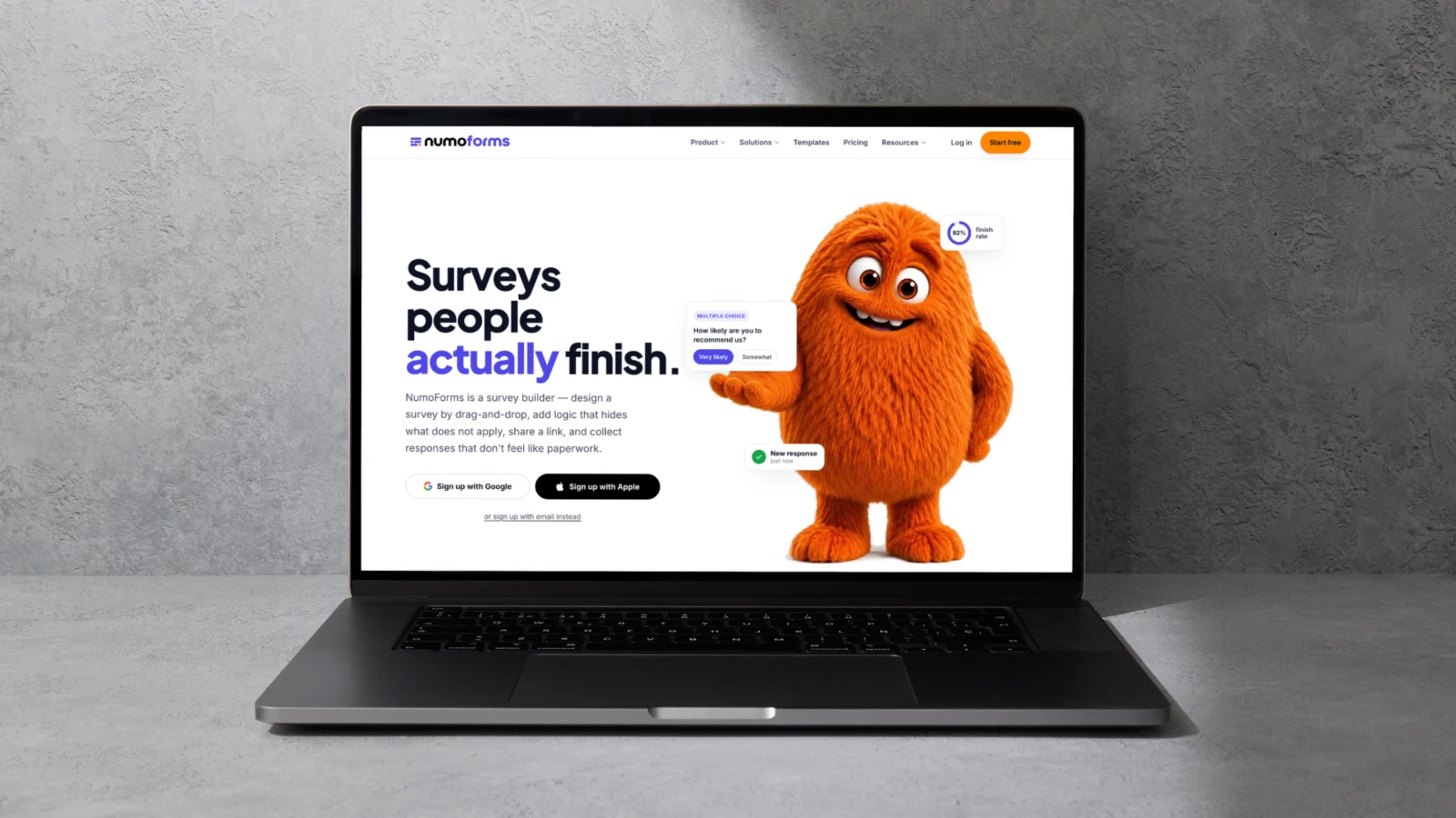 The NumoForms survey builder, showing the landing page and a live multiple-choice question.