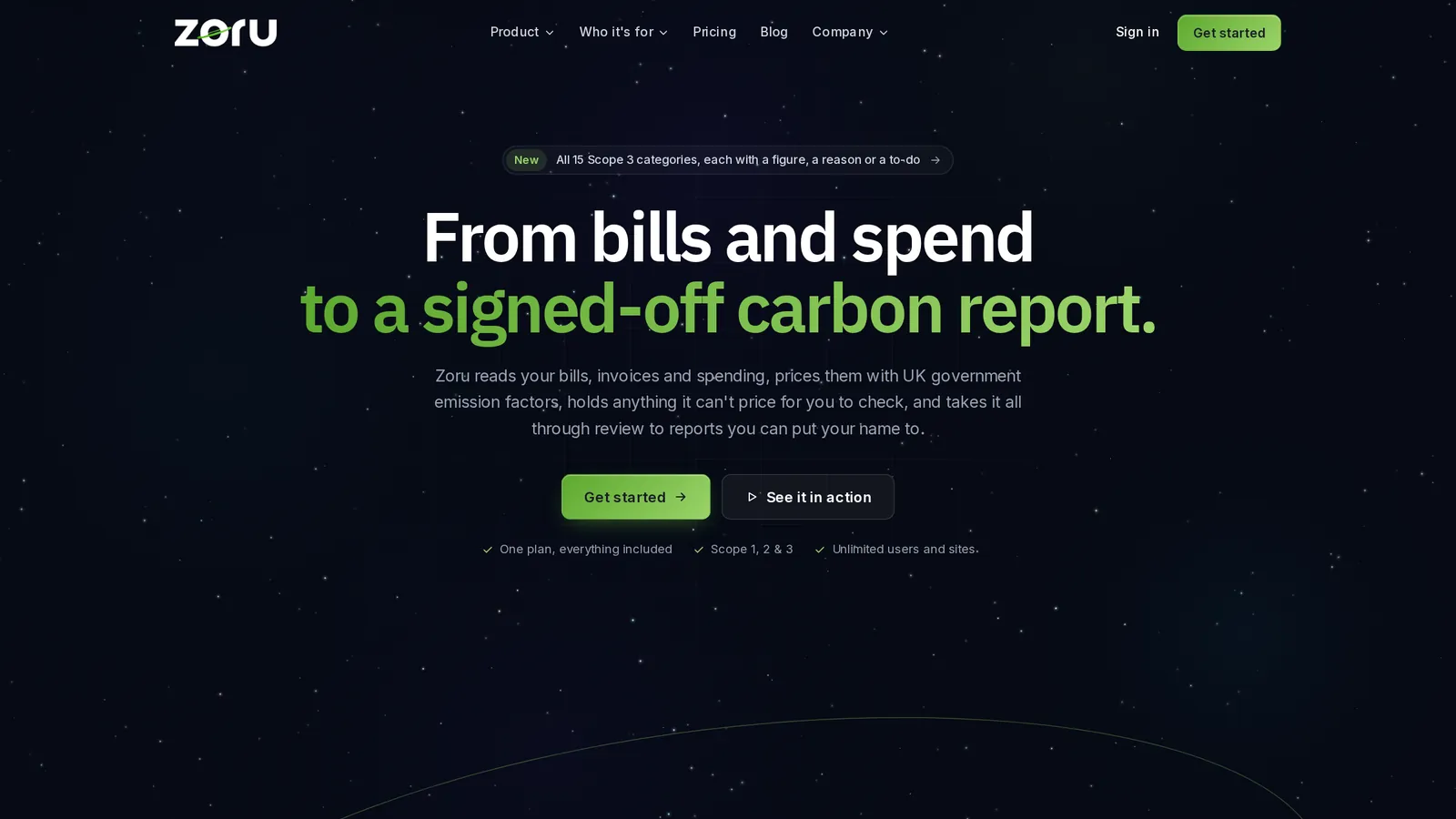 The Zoru Earth homepage: from bills and spend to a signed-off carbon report.